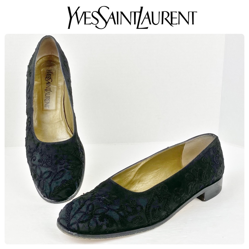 YSL Black Velvet Embroidered Flats, 7.5